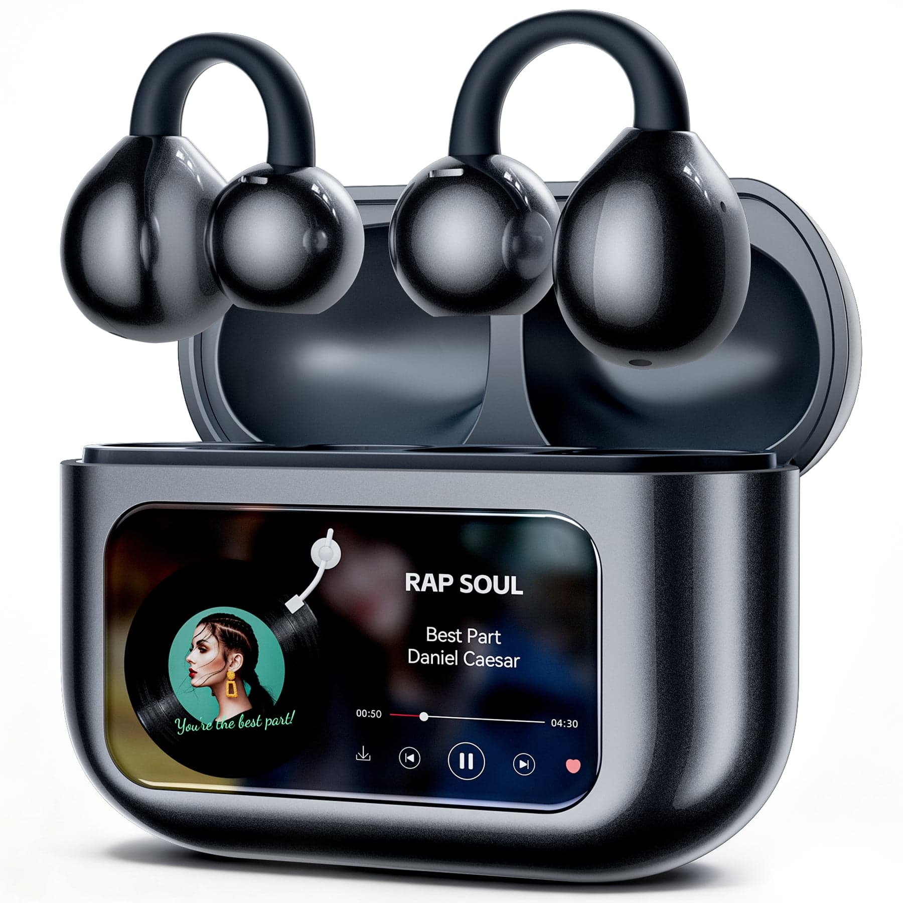 VEAT00L - VEATOOL Open Ear Clip-On Earbuds, Bluetooth 5.4 Sports Earphones with LCD Touch Screen & ENC Call Noise Cancelling - Black