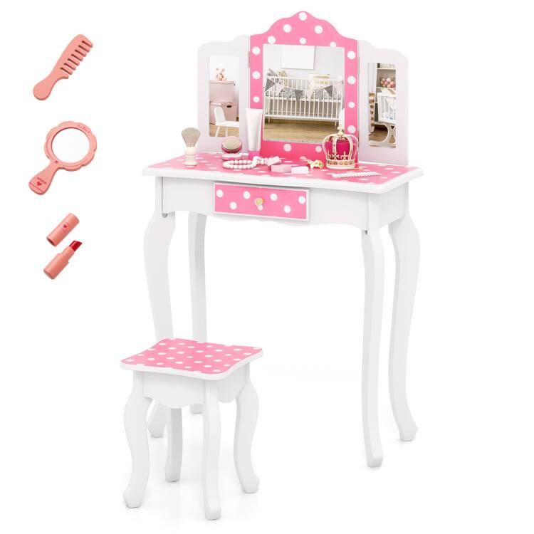 Front. SlickBlue - Pretend Play Princess Makeup Table with Adorable Polka Dot Pattern - Pink.