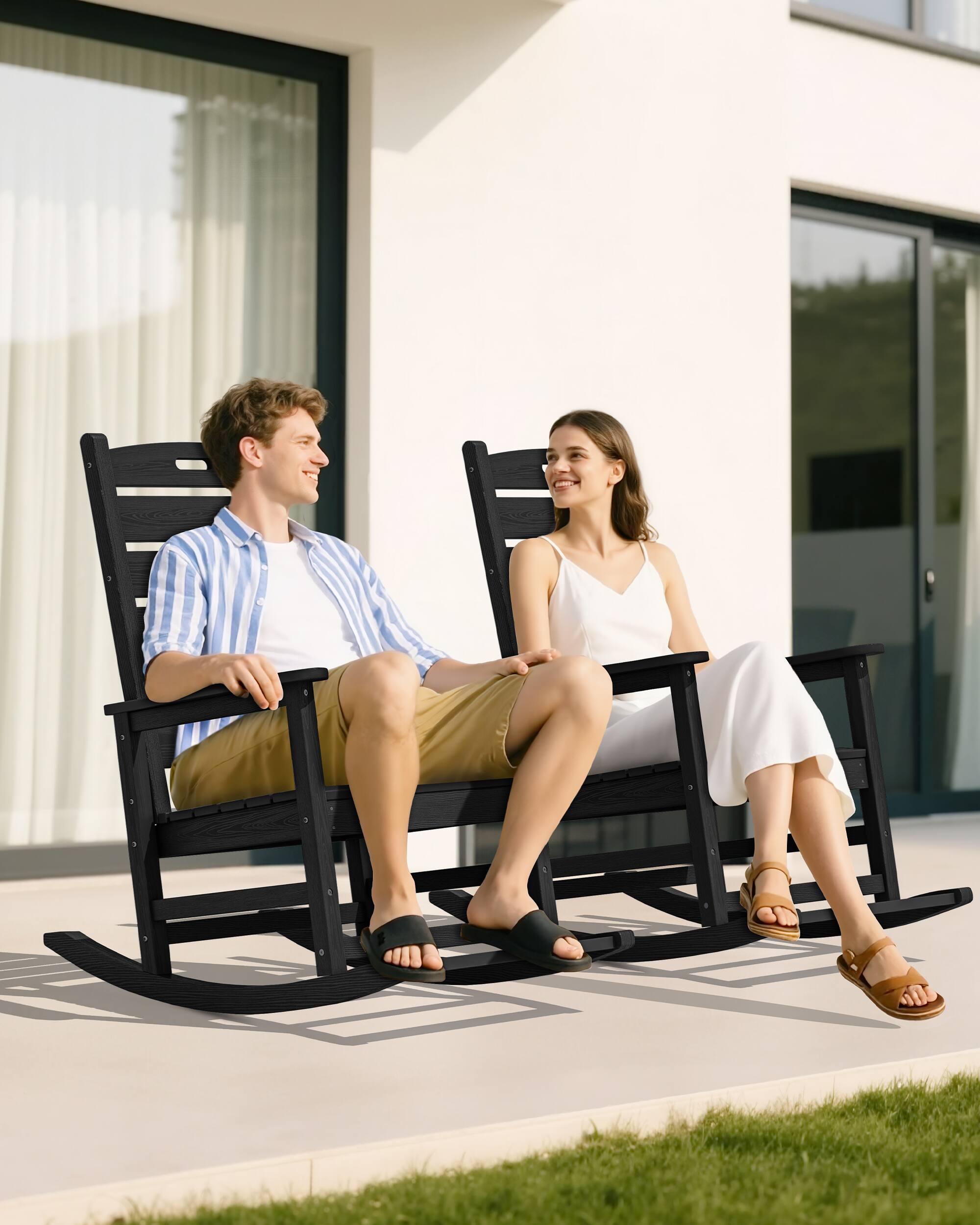 Alt View 5. SERWALL - SERWALL Outdoor Rocking Chair Set of 2, Oversized HDPE Rocker, Black - Black.