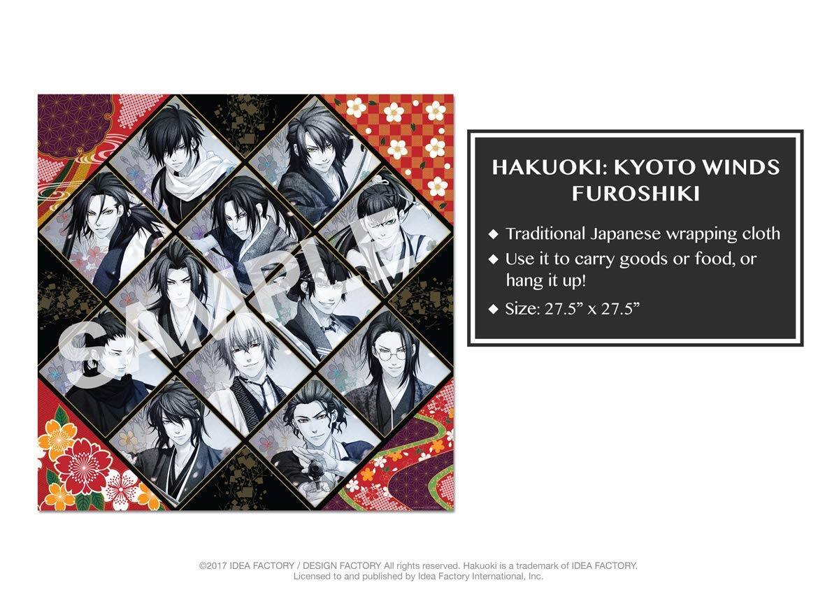 HAKUOKI: KYOTO WINDS FUROSHIKI  
Traditional Japanese wrapping cloth  
Use it to carry goods or food, or hang it up!  
Size: 27.5" x 27.5"  

©2017 IDEA FACTORY / DESIGN FACTORY All rights reserved. Hakuoki is a trademark of IDEA FACTORY. Licensed to and published by Idea Factory International, Inc.