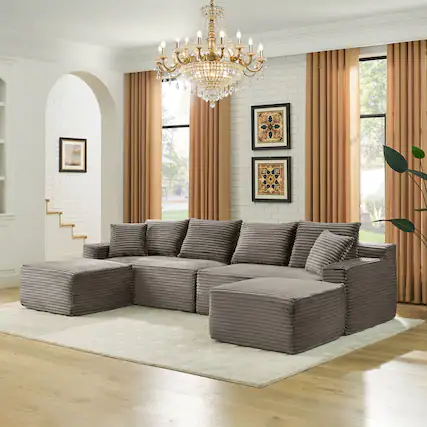 Front. Anysun - 115" U-Shape Boneless Corduroy Sectional with Chaise & Ottoman-No Assembly, Deep-Seat Modular Cloud Sofa for Living Room - Brown.