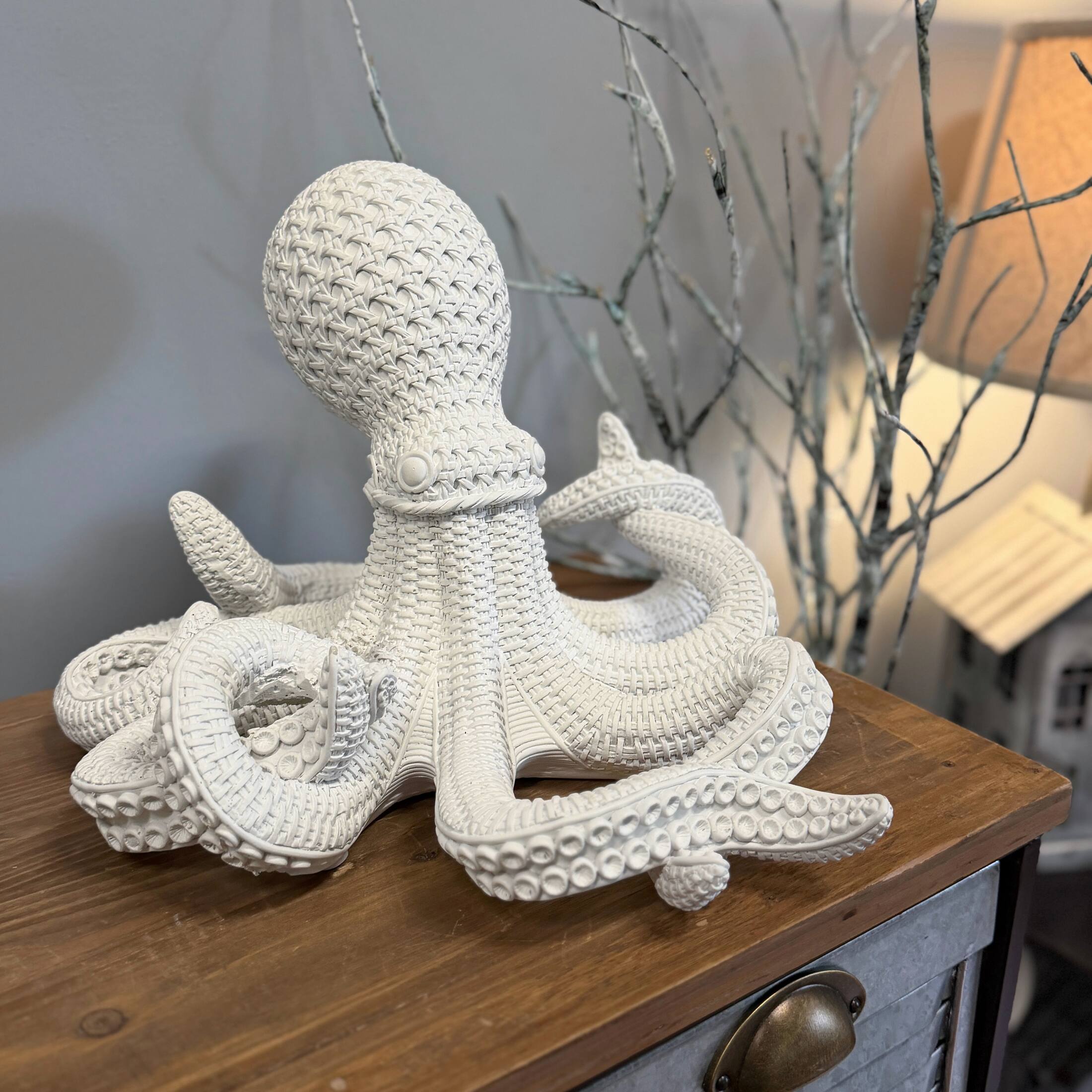 Alt View 3. Fancy That - White Wicker Look Resin Octopus Statue 13 Inch Coastal Tabletop Decor - White.