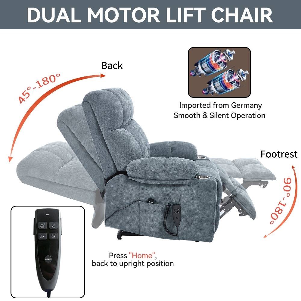 DUAL MOTOR LIFT CHAIR

45°-180° HOME

Back
WIGH Imported from Germany
Smooth & Silent Operation

Footrest
90°-180°

Press "Home", back to upright position