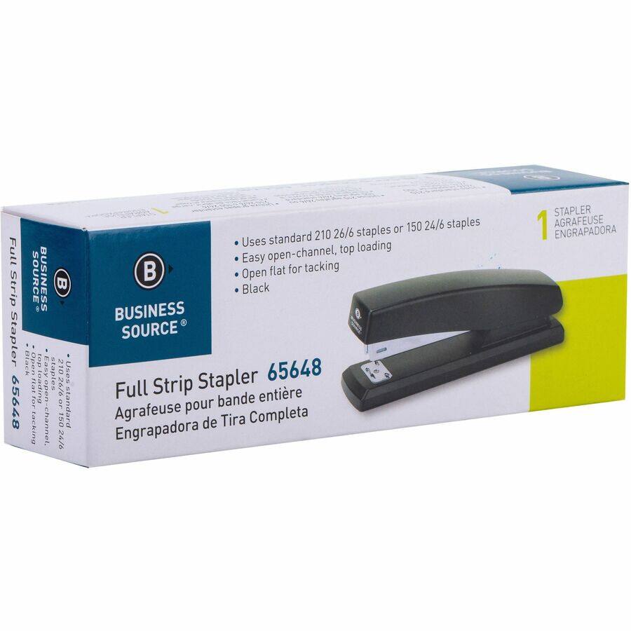 Full Strip Stapler 65648  
Black  
BUSINESS SOURCE  
Uses standard 210 26/6 staples or 150 24/6 staples  
Easy open-channel, top loading  
Open flat for tacking  
Agrafeuse pour bande entière  
Engrapadora de Tira Completa