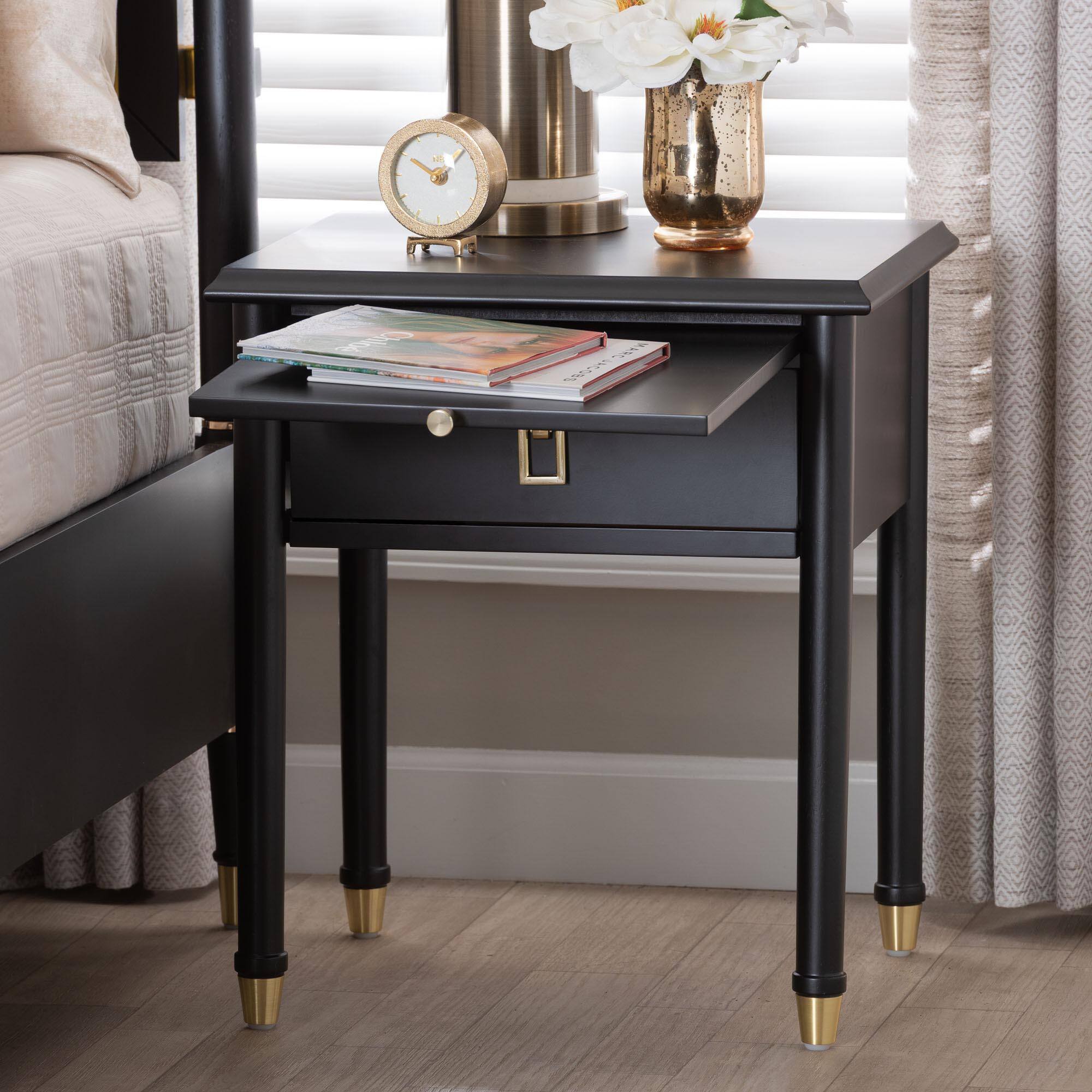 Alt View 6. Baxton Studio - Tamra Black Wood Nightstand with Pullout Shelf - Modern Transitional Bedside Table with Metallic Accents - Black.