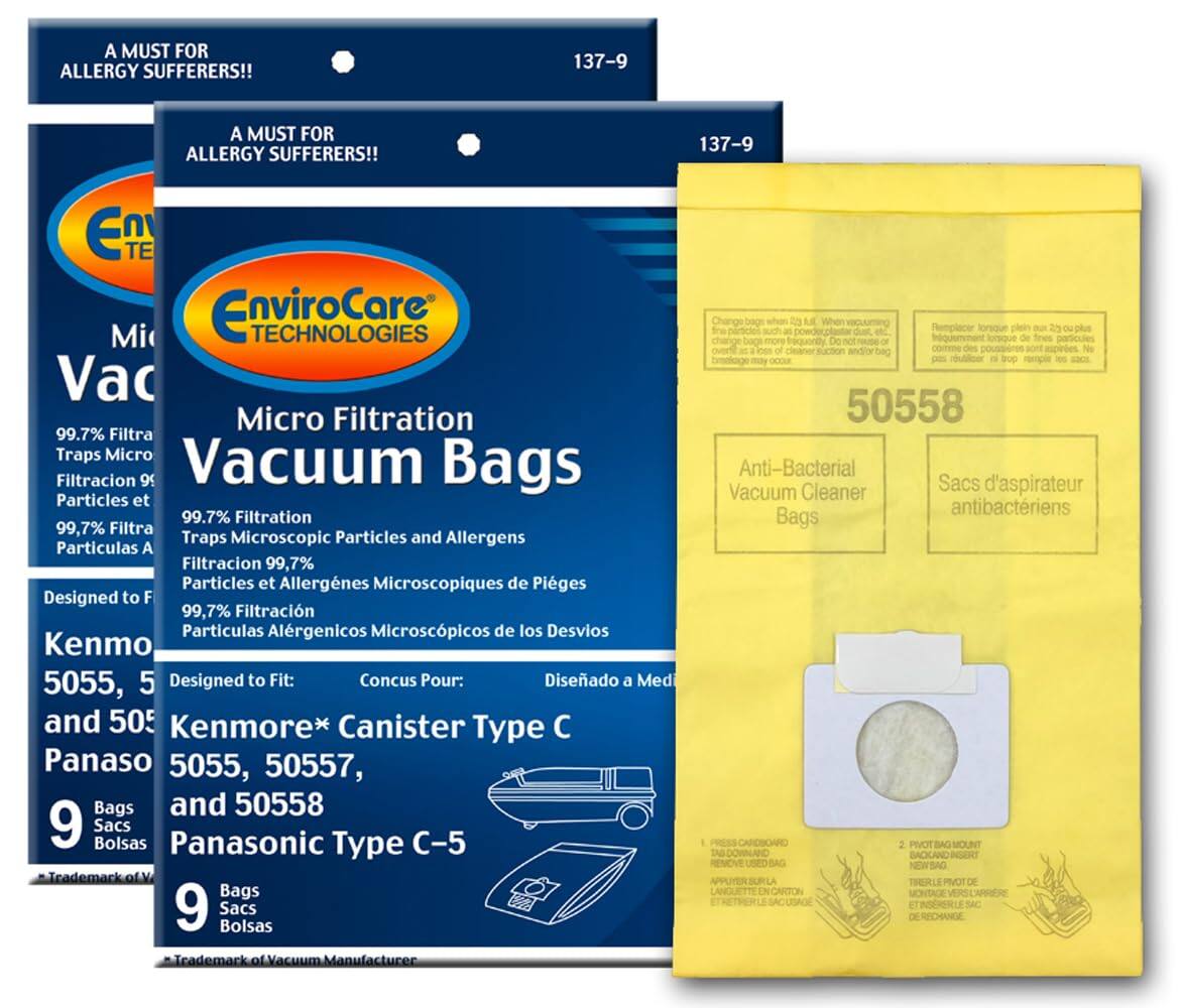 A MUST FOR ALLERGY SUFFERERS!!  
137-9  

EnviroCare Technologies  
Micro Filtration Vacuum Bags  

99.7% Filtra Traps Micro Particles and Allergens  
99.7% Filtration Particulas Alrgenicos Microscpicos de los Desvios  
99.7% Filtracion Particulas A  
99.7% Filtration Particulas et Allergnes Microscopiques de Piges  

Designed to Fit:  
Kenmore* Canister Type C  
5055, 50557, and 50558  
Panasonic Type C-5  

9 Bags  
Sacs Bolsas  

Anti-Bacterial Vacuum Cleaner Bags  
Sacs d'aspirateur antibactériens  

Designed to Fit:  
Kenmore* Canister Type C  
5055, 50557, and 50558  
Panasonic Type C-5  

9 Bags  
Sacs Bolsas  

*Trademark of Vacuum Manufacturer