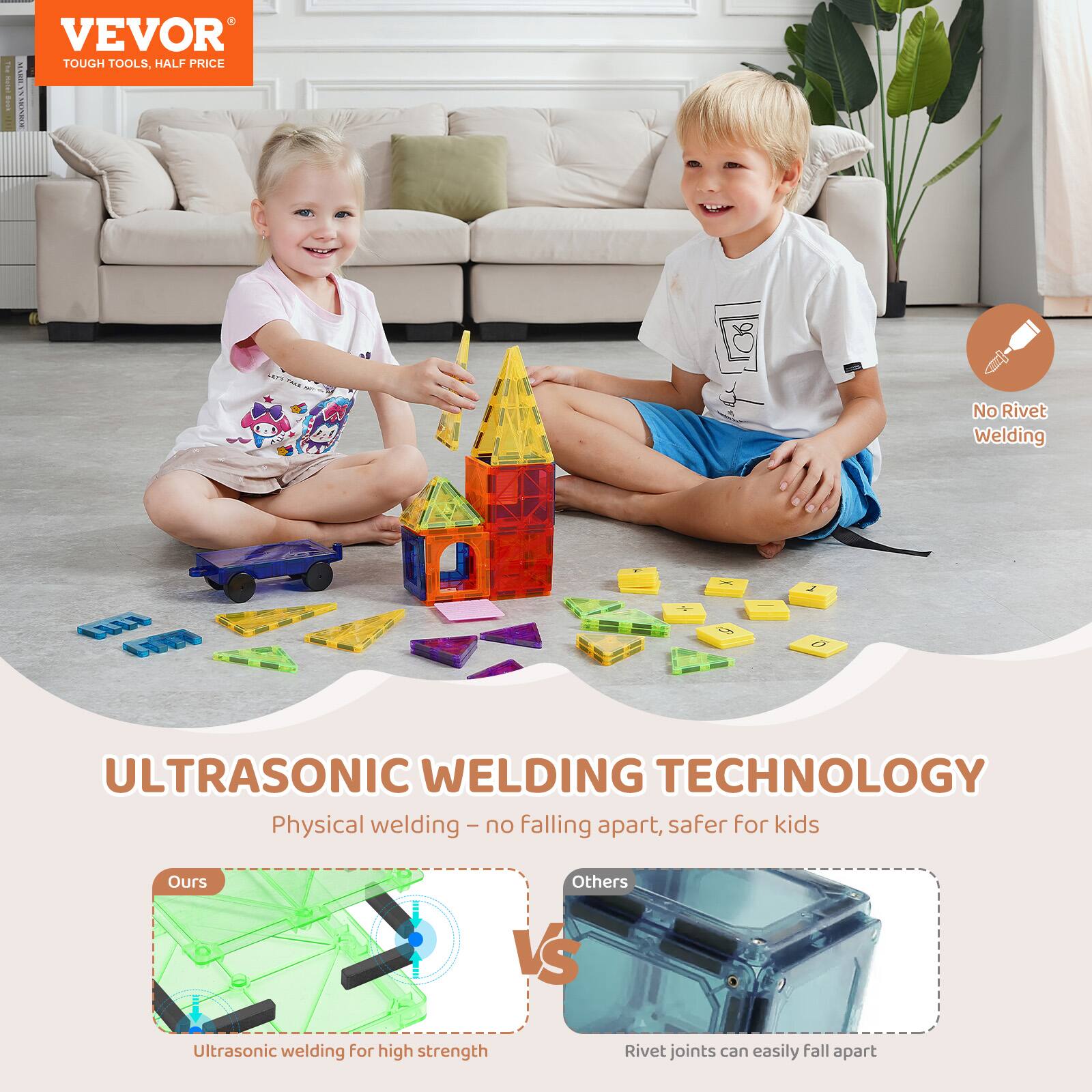 VEVOR  
TOUGH TOOLS, HALF PRICE  

ULTRASONIC WELDING TECHNOLOGY  
Physical welding – no falling apart, safer for kids  

Ours  
Ultrasonic welding for high strength  

Others  
Rivet joints can easily fall apart  

No Rivet Welding