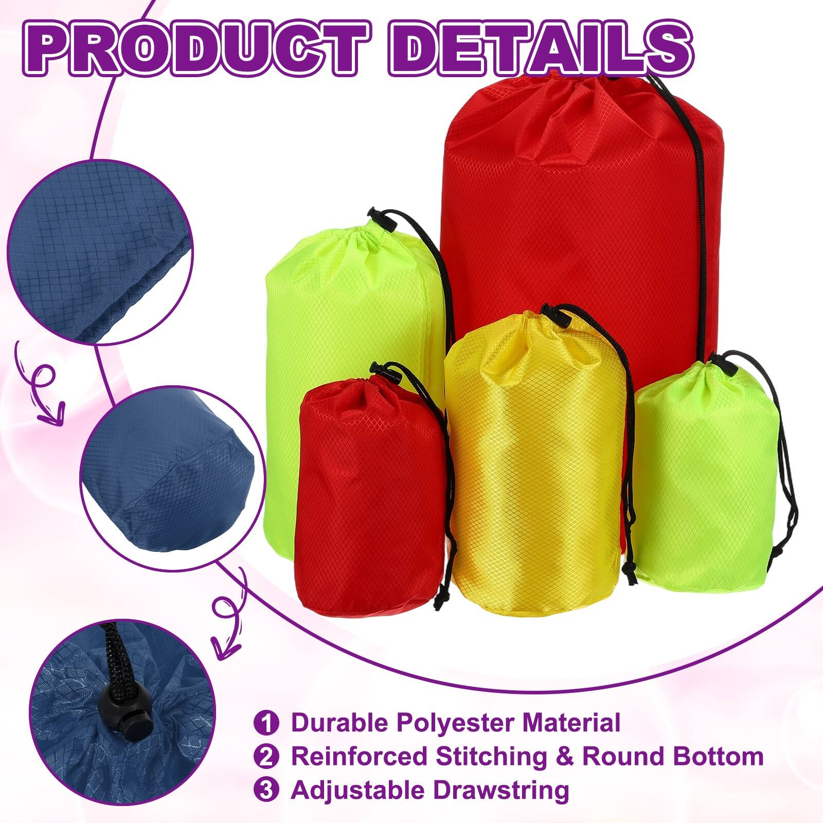 PRODUCT DETAILS

1. Durable Polyester Material
2. Reinforced Stitching & Round Bottom
3. Adjustable Drawstring