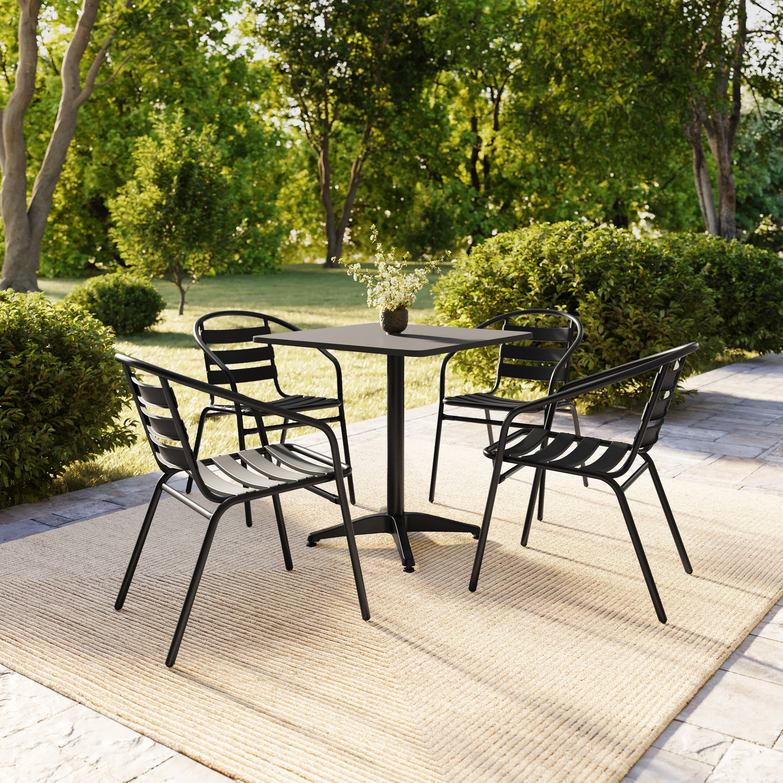 Alt View 2. Flash Furniture - Lila 27.5'' Black Square Aluminum Indoor-Outdoor Table Set with 4 Black Slat Back Chairs - Black.
