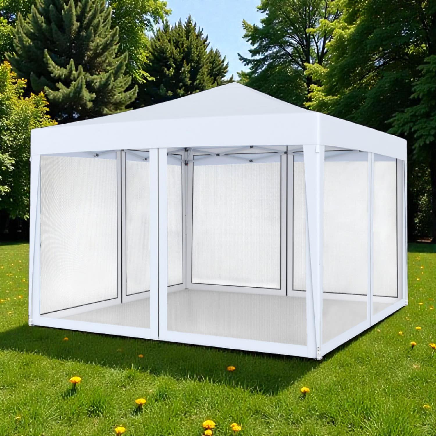 Hivvago - 10x10 Ft Quick Assembly Canopy Tent with Protective Mesh Walls - White