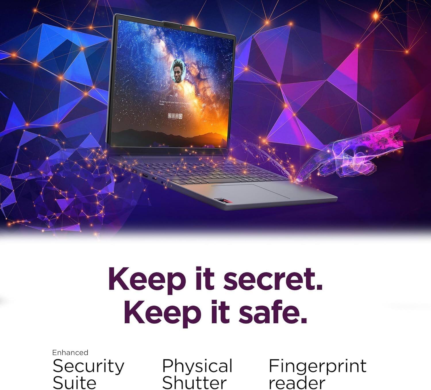 Keep it secret. Keep it safe.

Enhanced Security Suite  
Physical Shutter  
Fingerprint reader