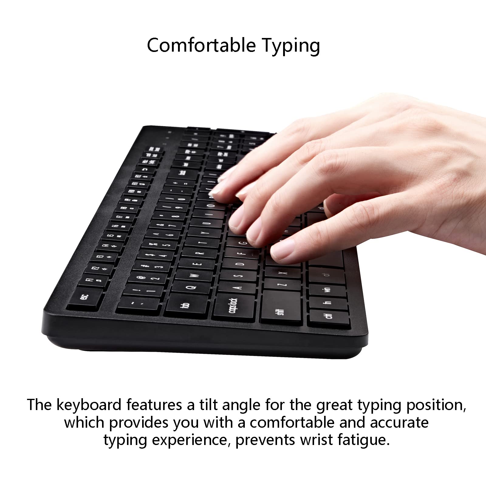 Comfortable Typing

The keyboard features a tilt angle for the great typing position, which provides you with a comfortable and accurate typing experience, preventing wrist fatigue.