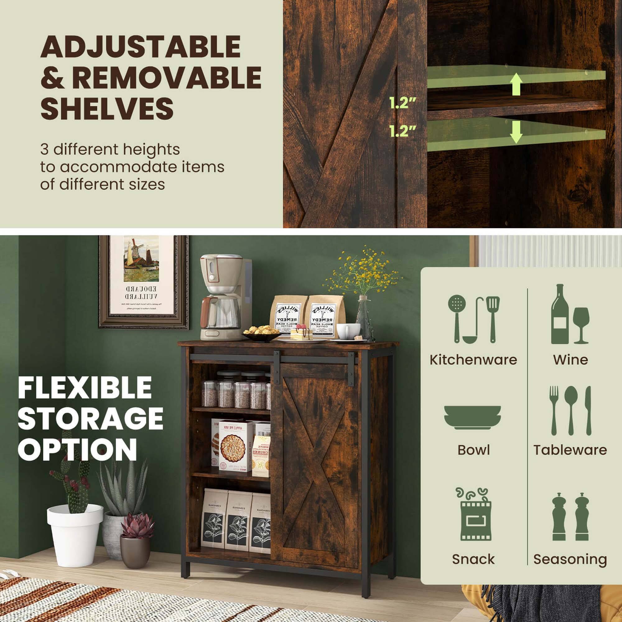 Adjustable & Removable Shelves: 3 different heights to accommodate items of different sizes. Flexible Storage Option: Kitchenware, Wine, Bowl, Tableware, Snack, Seasoning.