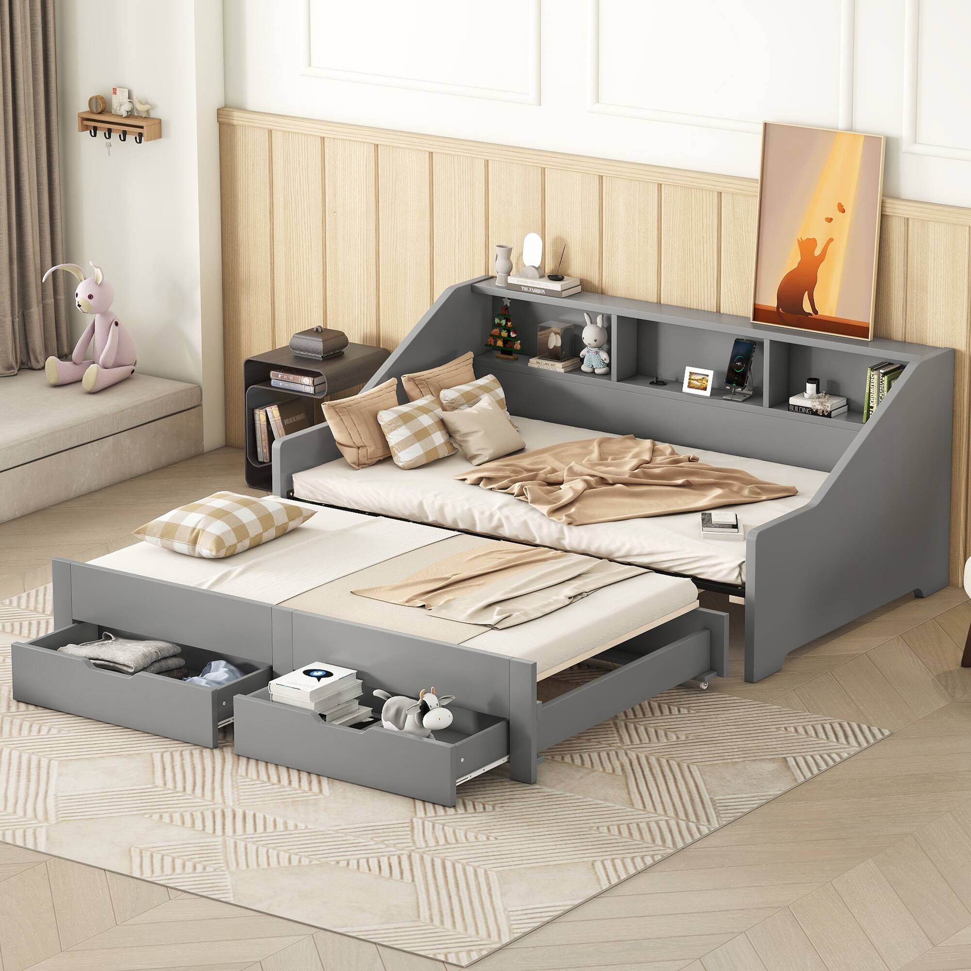 Front. Tiramisubest - Twin to King Size Daybed Frame with Storage Bookcases and Two Drawers,Charging Design,Gray - Gray.