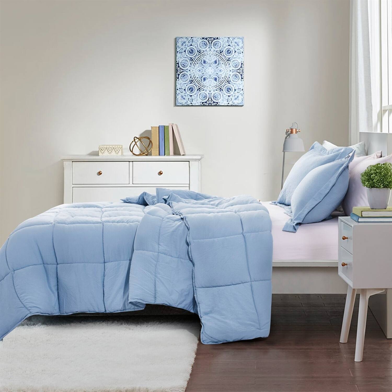Angle. Hivvago - Queen Size Blue 3 Piece Microfiber Reversible Comforter Set - Blue.