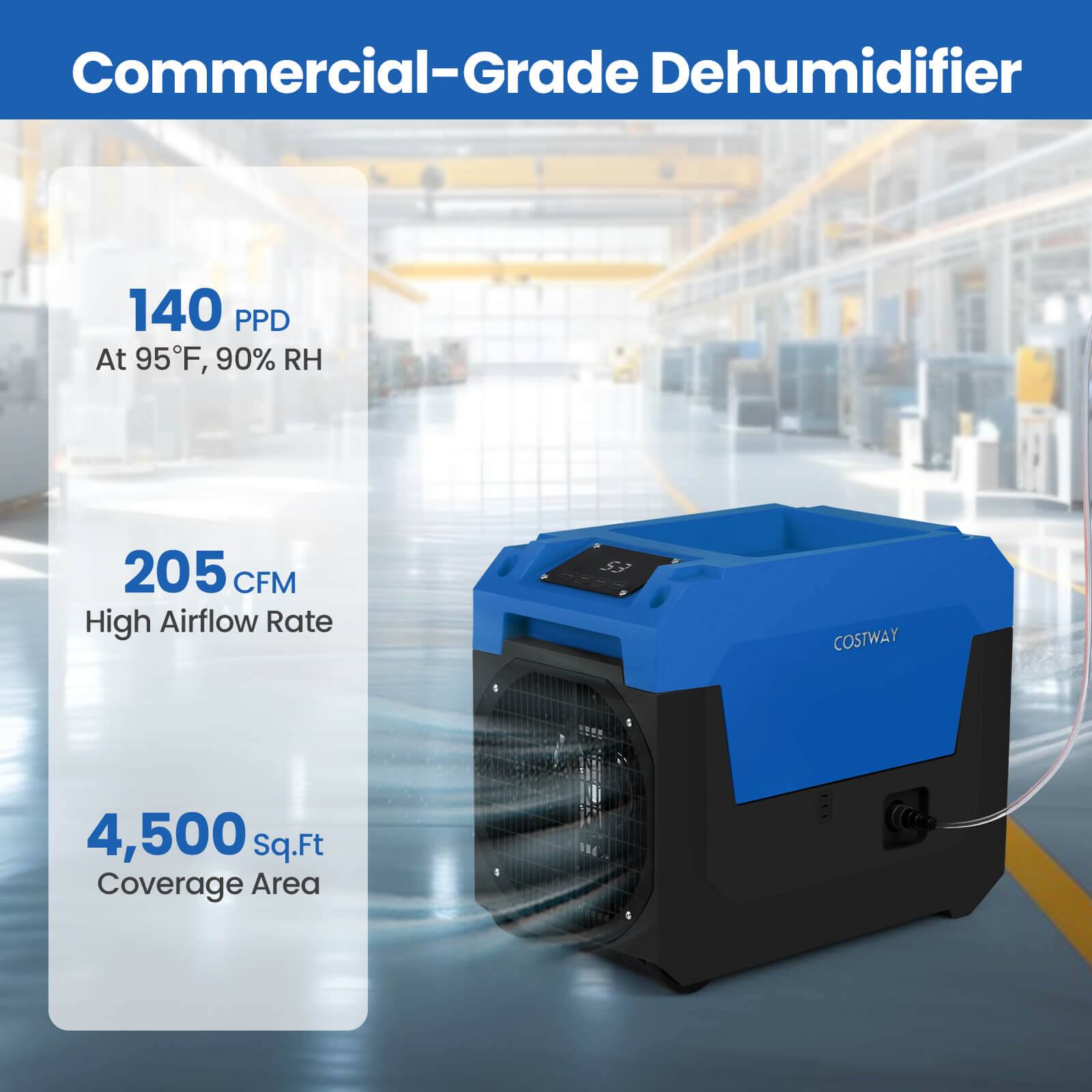 Commercial-Grade Dehumidifier

140 PPD At 95°F, 90% RH

205 CFM High Airflow Rate

COSTWAY

4,500 Sq.Ft Coverage Area