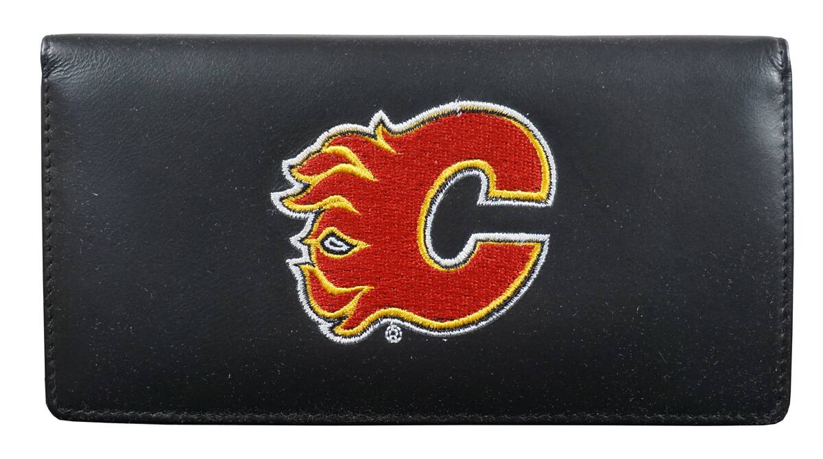 Front. Rico Industries - Calgary Flames NHL Black Leather Embroidered Checkbook Cover - Multi.