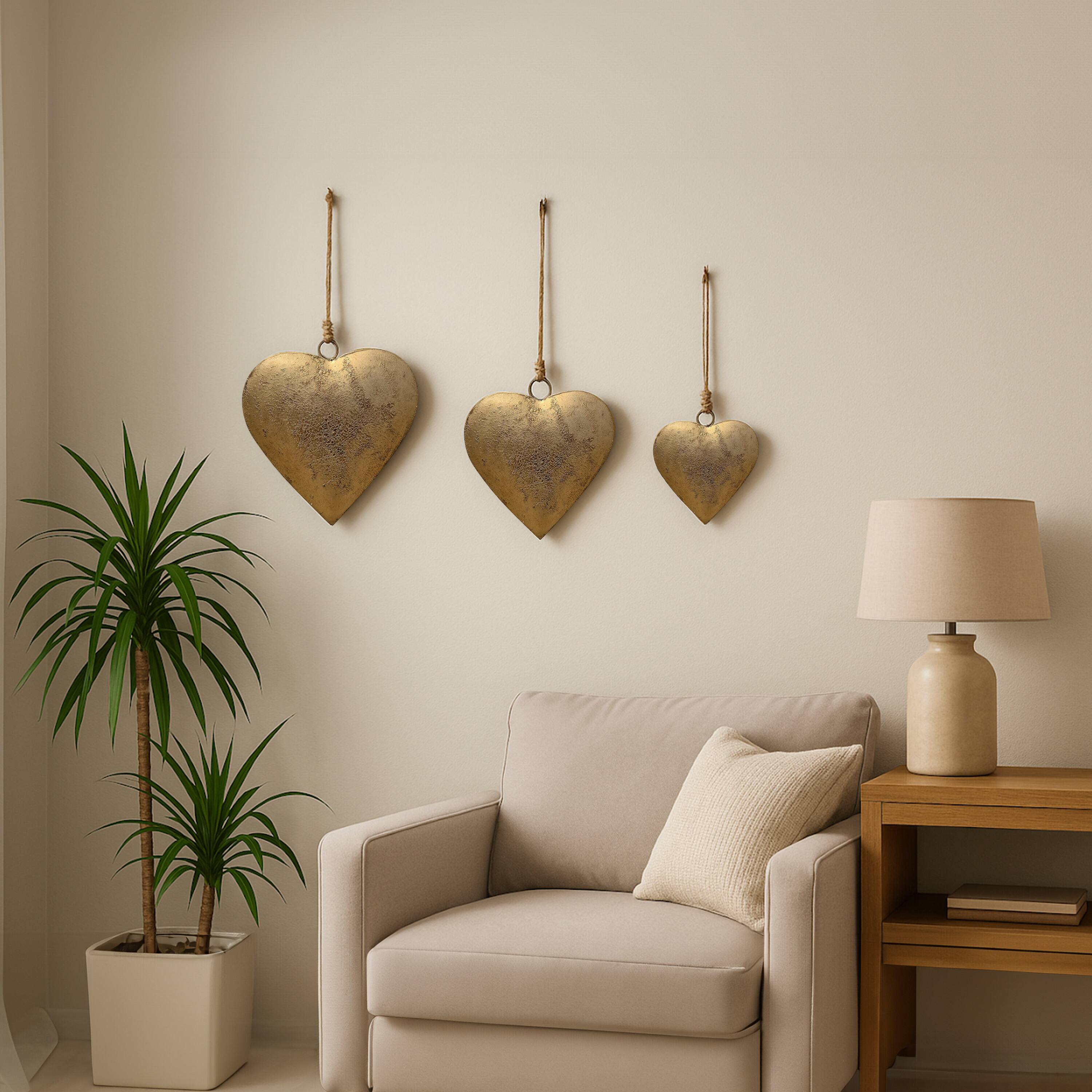 Alt View 10. Manhattan Lane - Myri Decorative Metal Heart Wall Decor Set of 3, Antique Gold Iron with Jute Hanging Rope, 12, 9.5, 7 Inches - Gold.