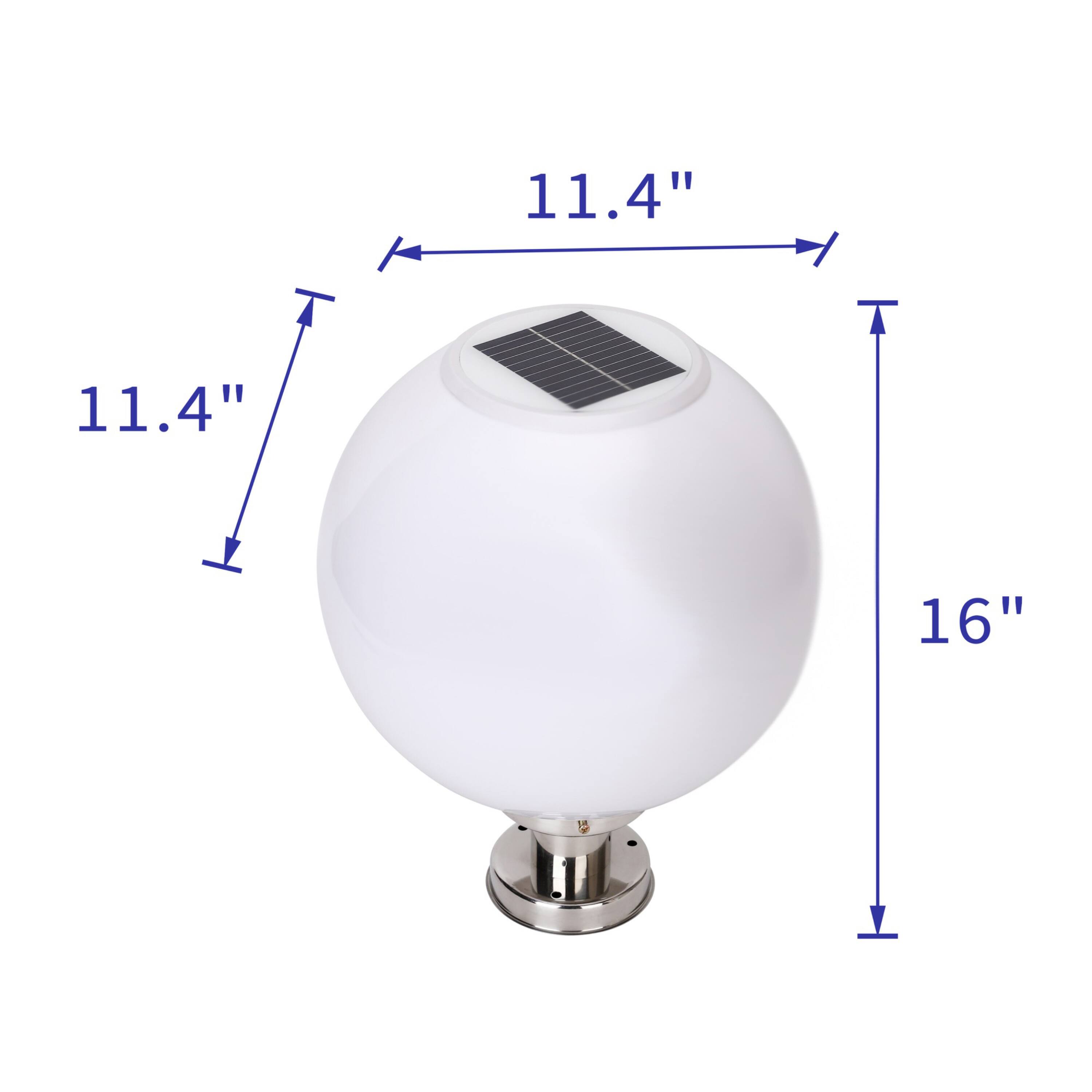 The dimensions of the solar light are 11.4" in diameter and 16" in height.