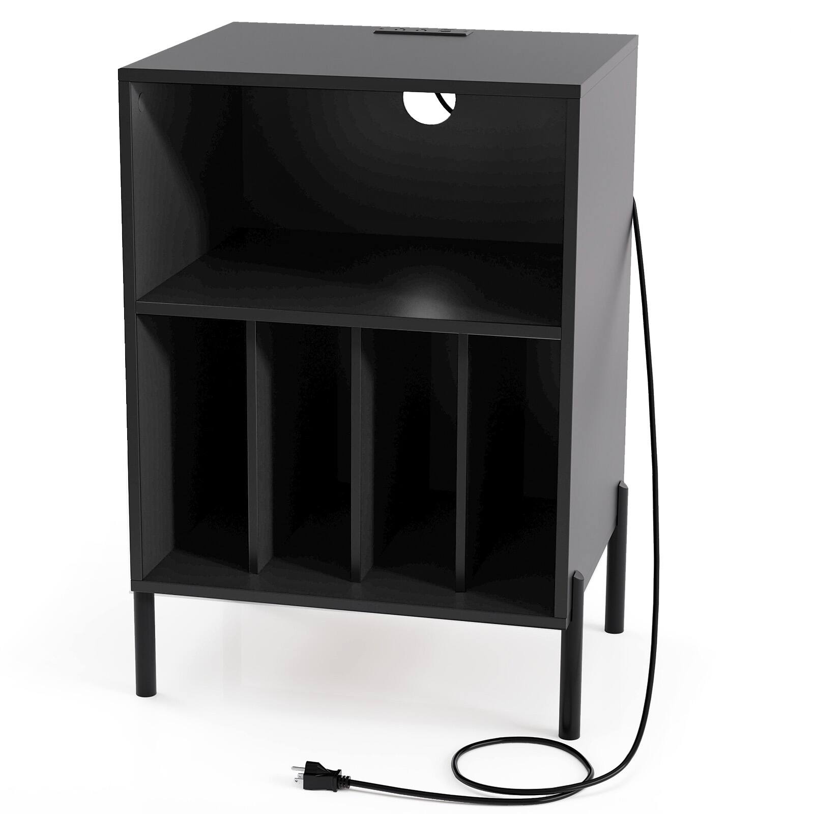 Alt View 9. Gymax - Gymax Record Player Stand w/ Charging Station 5 Storage Compartments Anti-toppling Kits - Black.