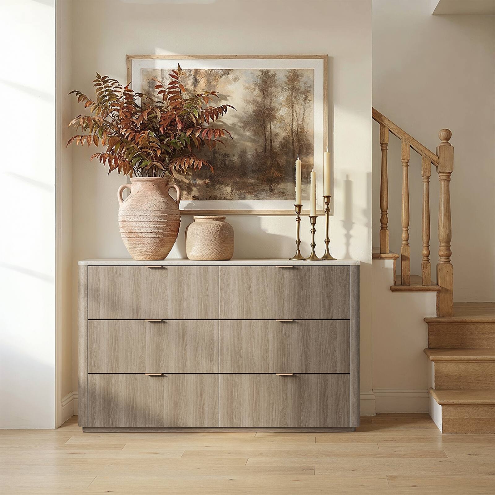 Angle. ModernMate - 53.94" Modern 6 Drawers Dresser Faux Travertine Dresser Chest for Bedroom Living Room - Natural Grey.