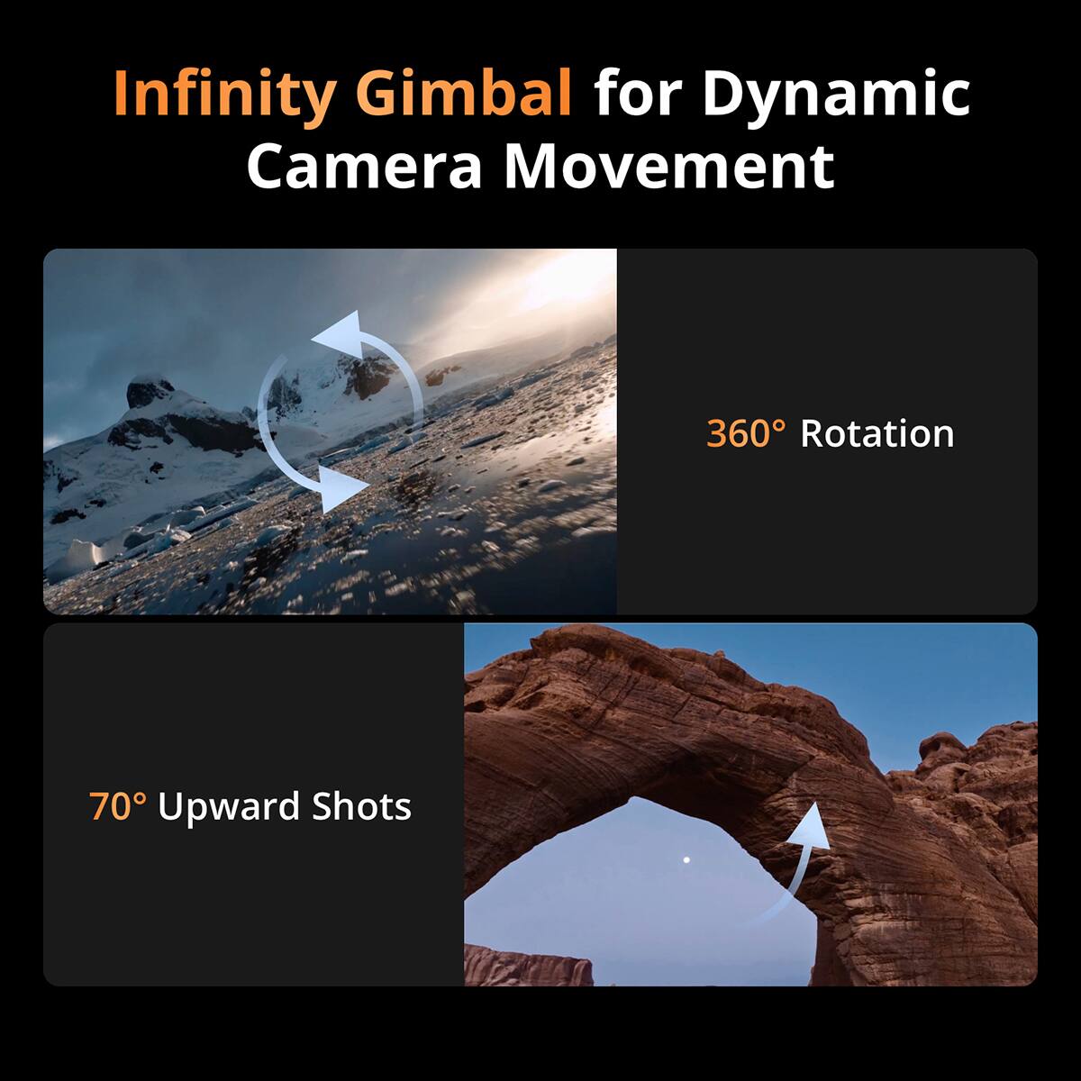Infinity Gimbal for Dynamic Camera Movement  
360° Rotation  
70° Upward Shots