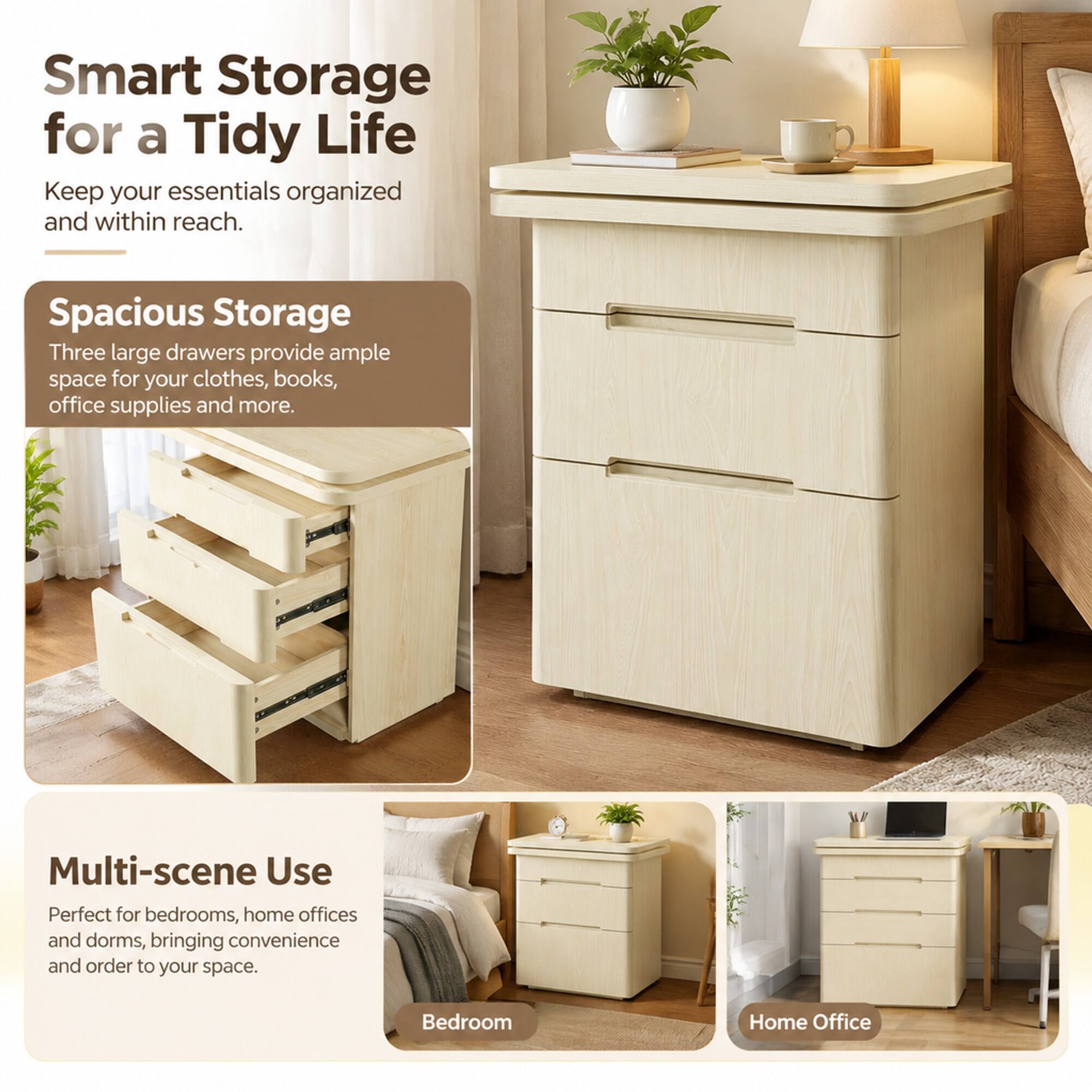 Smart Storage for a Tidy Life  
Keep your essentials organized and within reach.

Spacious Storage  
Three large drawers provide ample space for your clothes, books, office supplies and more.

Multi-scene Use  
Perfect for bedrooms, home offices and dorms, bringing convenience and order to your space.

Bedroom  
Home Office