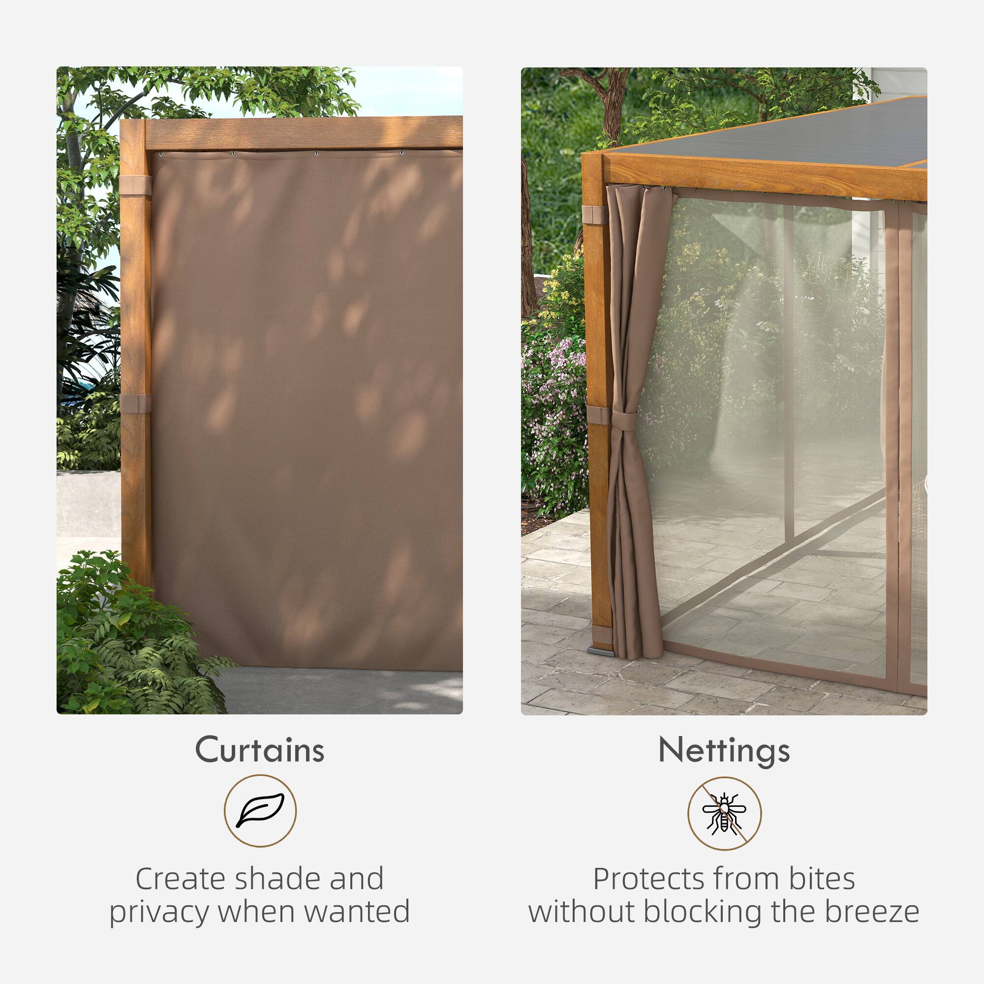 Curtains  
Create shade and privacy when wanted  

Nettings  
Protects from bites without blocking the breeze