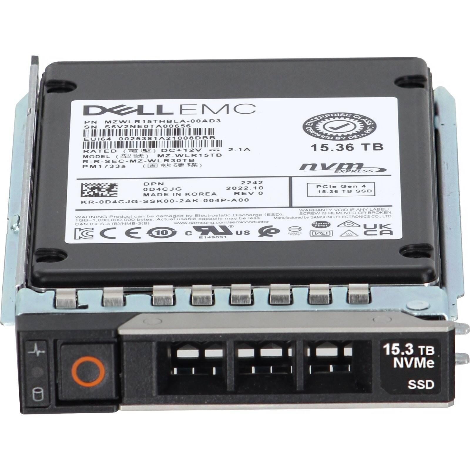 DELL EMC

PN: MZWLR15THBLA-00A3  
SN: 6V2NEOTA00656  
RATED: DC+12V  
MODEL: MZ-WLR15T8  
PM1733a  
DPN: OD4CJG  
MADE IN KOREA  
REV: 0  
KR-OD4CJG-SSK00-2AK-004P-A00  
WARRANTY VOID IF ANY LABEL REMOVED  
15.36 TB  
PCle Gen 4  
15.36 TB SSD  
NVMe  
SSD  
15.3 TB  
NVMe  
SSD  
EMC CLASS 1  
15.36 TB  
DELL EMC  
EMC CLASS 1  
15.36 TB  
PCle Gen 4  
15.36 TB SSD  
NVMe  
SSD  
15.3 TB  
NVMe  
SSD  
EMC CLASS 1  
15.36 TB  
DELL EMC  
EMC CLASS 1  
15.36 TB  
PCle Gen 4  
15
