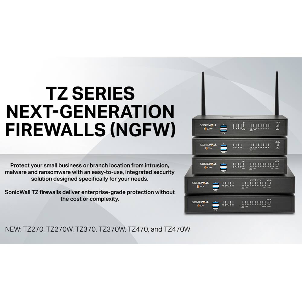 TZ SERIES NEXT-GENERATION FIREWALLS (NGFW)

Protect your small business or branch location from intrusion, malware, and ransomware with an easy-to-use, integrated security solution designed specifically for your needs. SonicWall TZ firewalls deliver enterprise-grade protection without the cost or complexity.

NEW: TZ270, TZ270W, TZ370, TZ370W, TZ470, and TZ470W