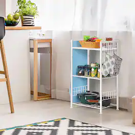 Oumilen - 3-Tier Bathroom Storage Shelf with Fabric Side Pockets, Rustic Wood Top, Blue - White