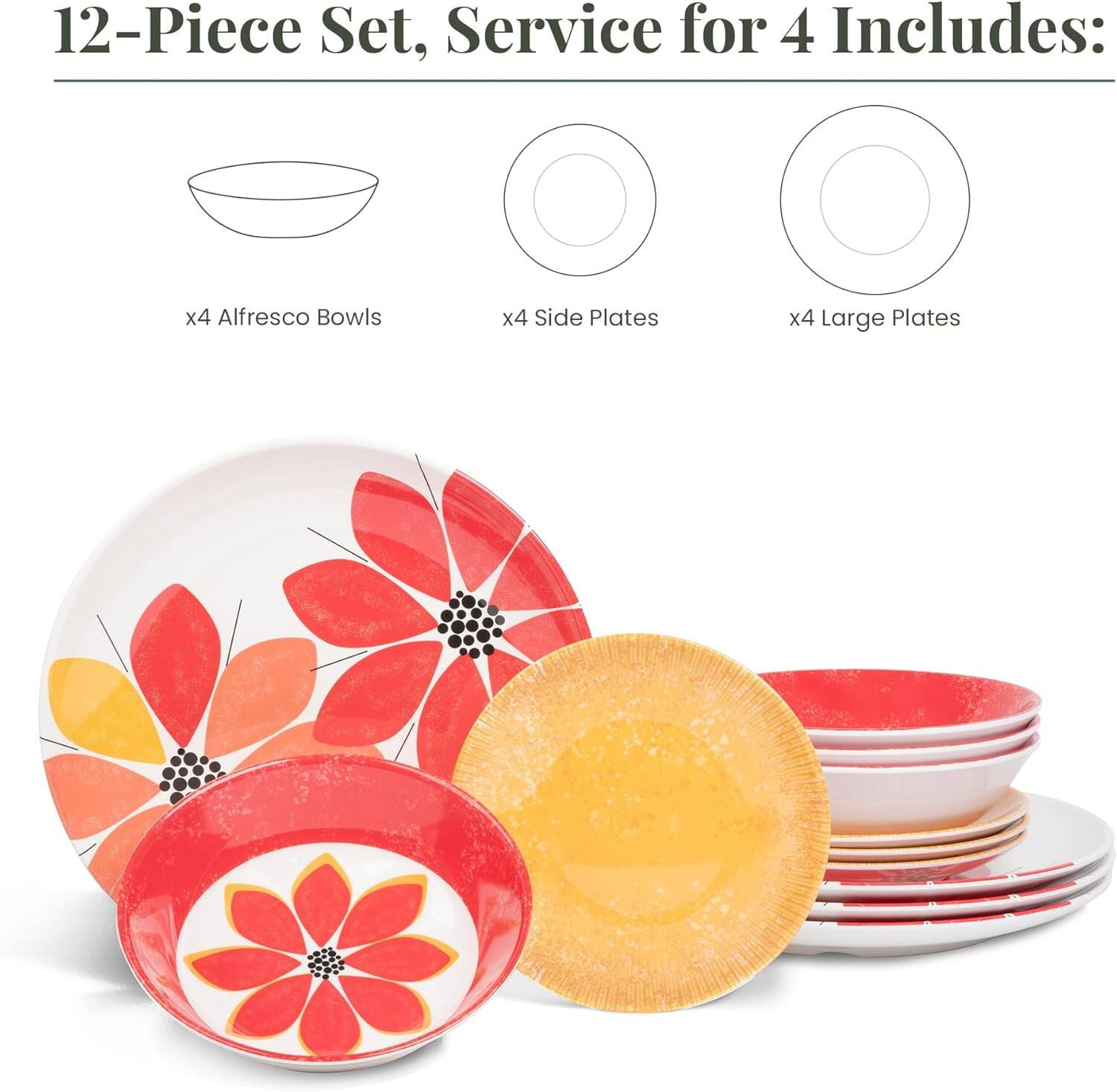 12-Piece Set, Service for 4 Includes:  
x4 Alfresco Bowls  
x4 Side Plates  
x4 Large Plates