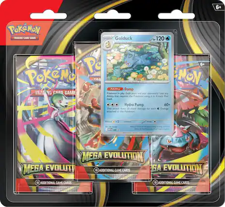 **Pokémon Trading Card Game**
**Golduck**
HP 120
Stage 1
- Ability: Damp
Pokémon in play (both yours and your opponent's) lose any Ability that requires the Pokémon using it to Knock Out itself.
- Hydro Pump
60+
This attack does 20 more damage for each Energy attached to this Pokémon.
**Mega Evolution**
10 Additional Game Cards
**Mega Evolution**
10 Additional Game Cards
**Mega Evolution**
10 Additional Game Cards
**6+**
**Pokémon Trading Card Game**