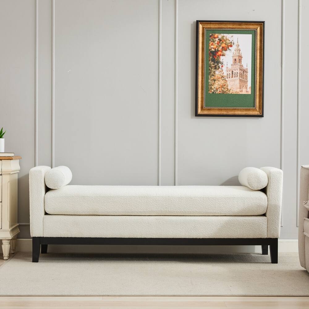 Back. Ropilly - Ropilly Ivory Boucle End of Bed Bench with Black Wood Frame - Ivory.