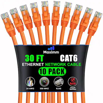 Maximm 30 FT CAT6 Ethernet Network Cable 10 Pack RoHS Compliant 24 AWG 550 MHz RJ45 RoHS Verified