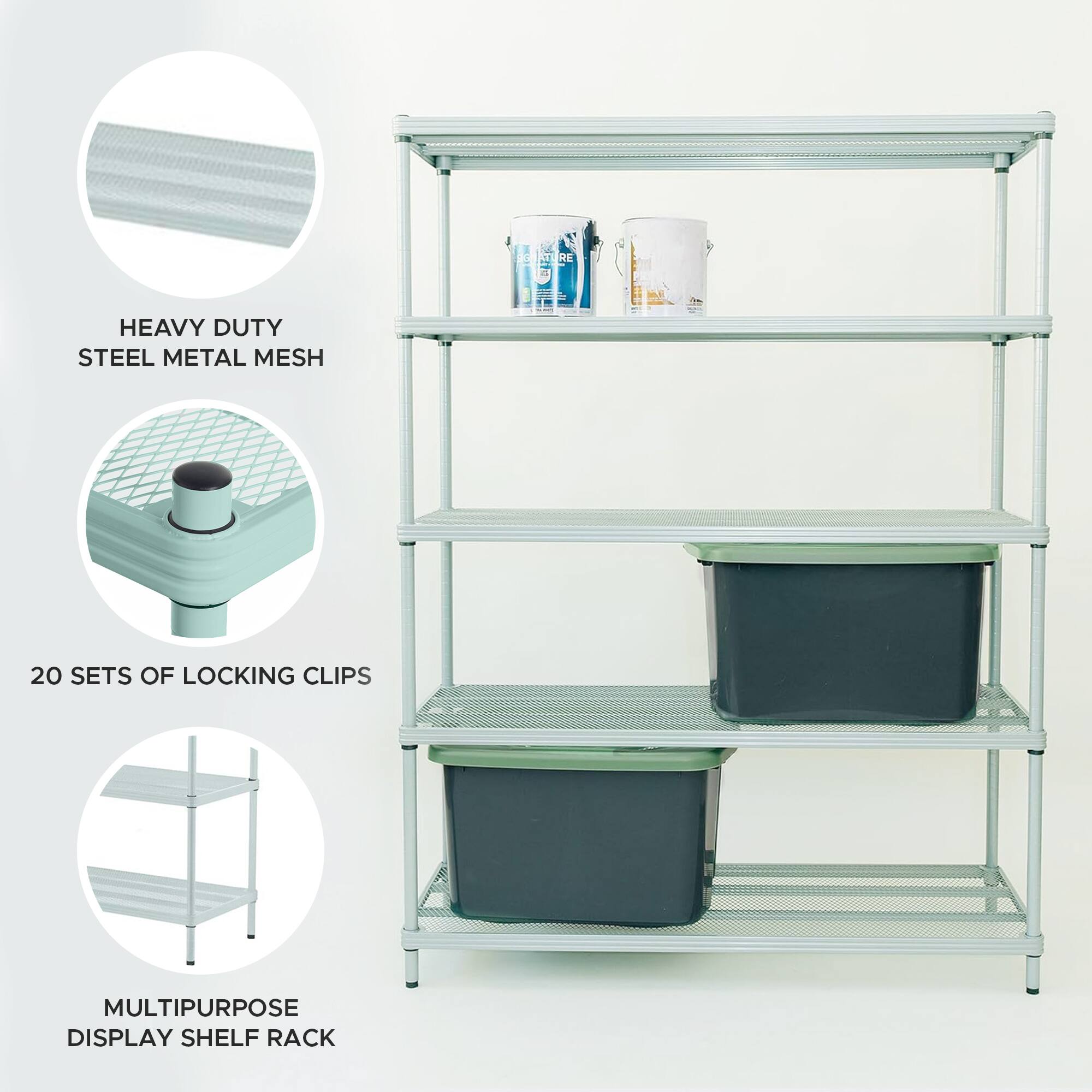 Sure, here is the corrected and grouped text:

- HEAVY DUTY STEEL METAL MESH
- 20 SETS OF LOCKING CLIPS
- MULTIPURPOSE DISPLAY SHELF RACK