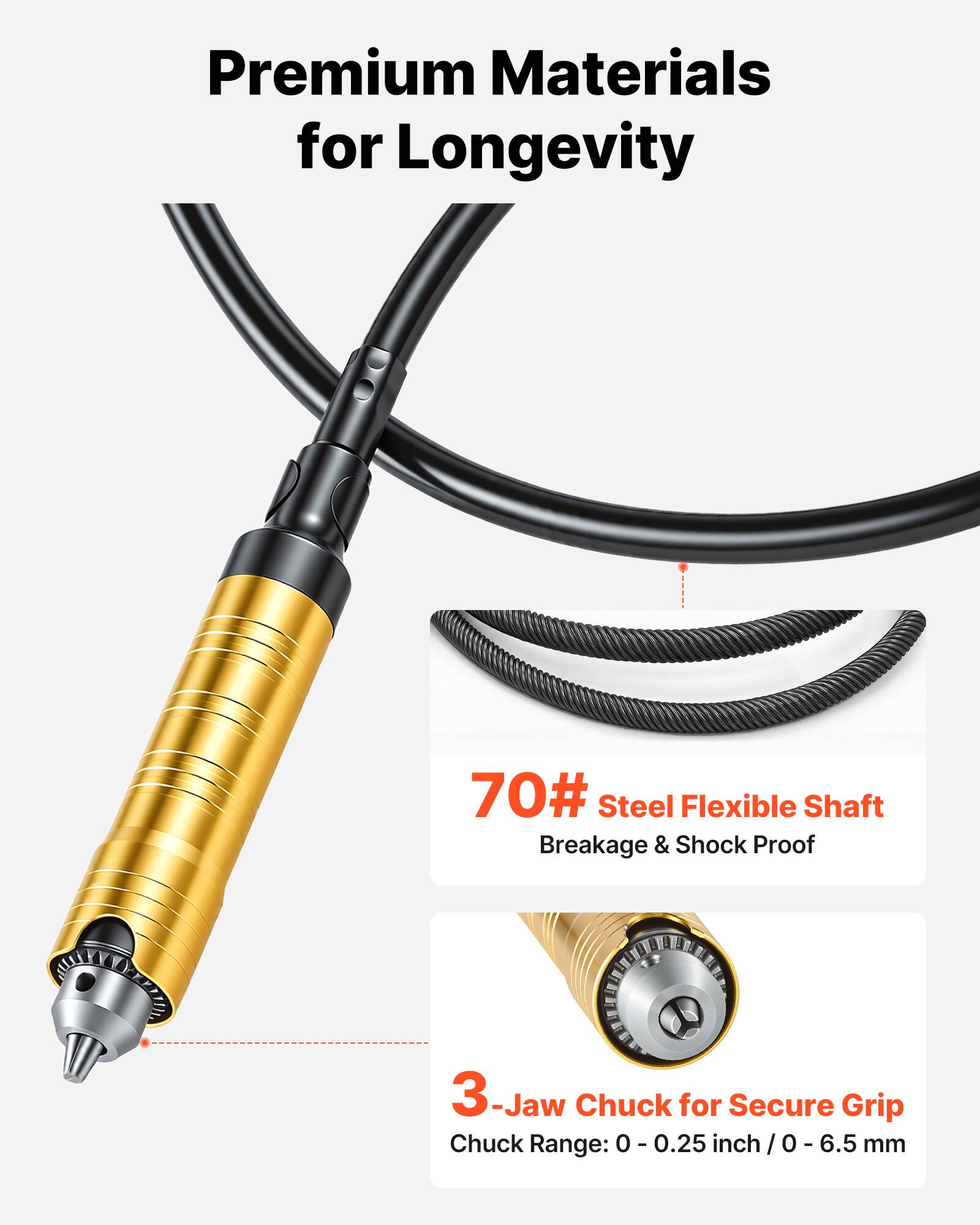 Premium Materials for Longevity

70# Steel Flexible Shaft Breakage & Shock Proof

3-Jaw Chuck for Secure Grip
Chuck Range: 0 - 0.25 inch / 0 - 6.5 mm