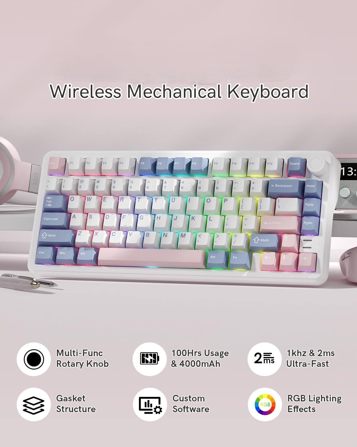 Wireless Mechanical Keyboard

- Multi-Function Rotary Knob
- 100Hrs Usage & 4000mAh
- 1kHz & 2ms Ultra-Fast
- Gasket Structure
- Custom Software
- RGB Lighting Effects