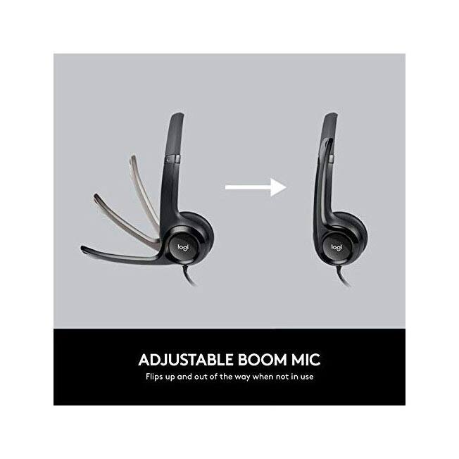 logi ADJUSTABLE BOOM MIC  
Flips up and out of the way when not in use