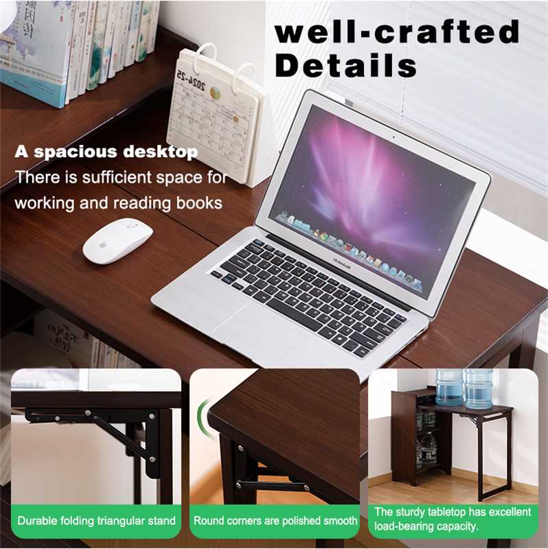well-crafted Details

A spacious desktop  
There is sufficient space for working and reading books

Durable folding triangular stand

Round corners are polished smooth

The sturdy tabletop has excellent load-bearing capacity.