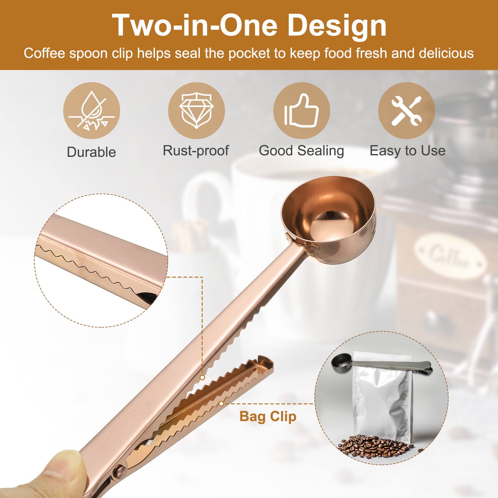 Two-in-One Design  
Coffee spoon clip helps seal the pocket to keep food fresh and delicious  
Durable  
Rust-proof  
Good Sealing  
Easy to Use  
Calfee Bag Clip