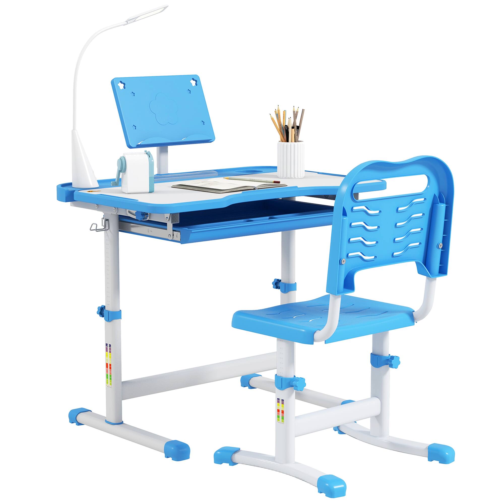 Qaba - Kids Desk and Chair Set, Height Adjustable, Tilt Desktop, USB Light, Storage Drawer, Study, Activities, Arts, Crafts - Blue