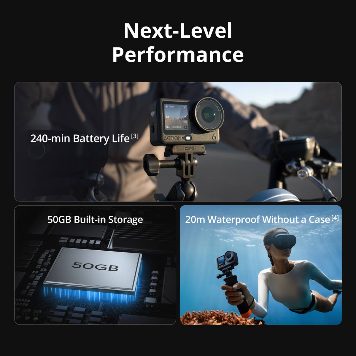 Next-Level Performance

240-min Battery Life [3]

50GB Built-in Storage

20m Waterproof Without a Case [4]