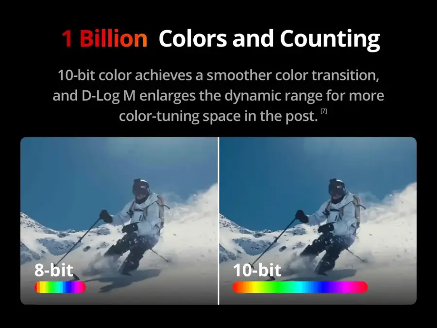 1 Billion Colors and Counting: 10-bit color achieves a smoother color transition, and D-Log M enlarges the dynamic range for more color-tuning space in the post. 8-bit vs. 10-bit.