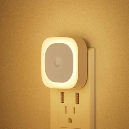Front. Dazzed Corner - 2 Pack Dimmable Plug-in Night Light with Motion & Dusk to Dawn Sensor, Auto ON/Off - Warm White.