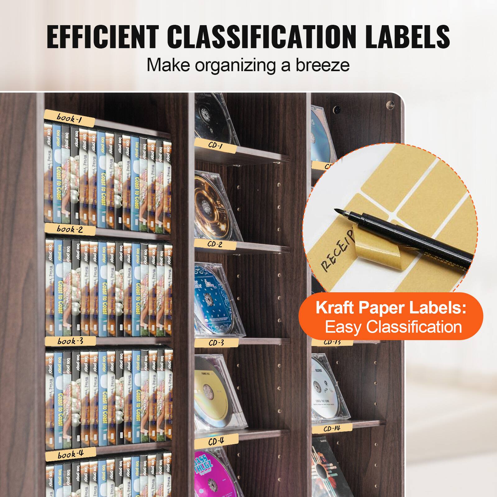 EFFICIENT CLASSIFICATION LABELS  
Make organizing a breeze  

book-1  
book-2  
book-3  
book-4  

CD-1  
CD-2  
CD-3  
CD-4  

Kraft Paper Labels: Easy Classification  
CD-15  
CD-14