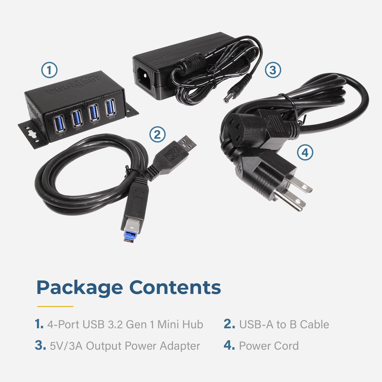 1. 4-Port USB 3.2 Gen 1 Mini Hub  
2. USB-A to B Cable  
3. 5V/3A Output Power Adapter  
4. Power Cord