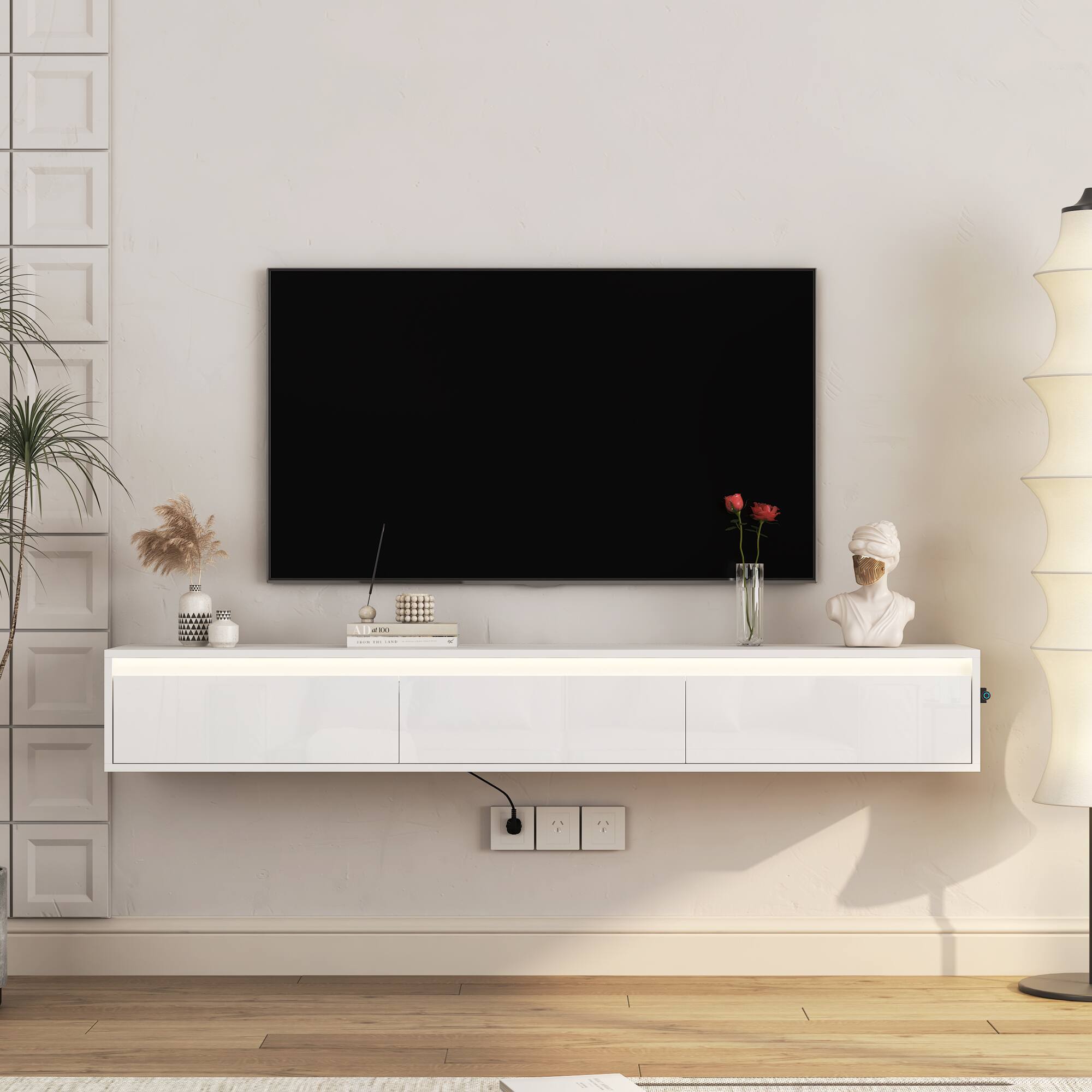 Front. APRILSOUL - Floating TV Stand Wall Mounted TV Shelf with Led Lights and Power Outlet High Gloss TV Cabinet for TV Stands - White.
