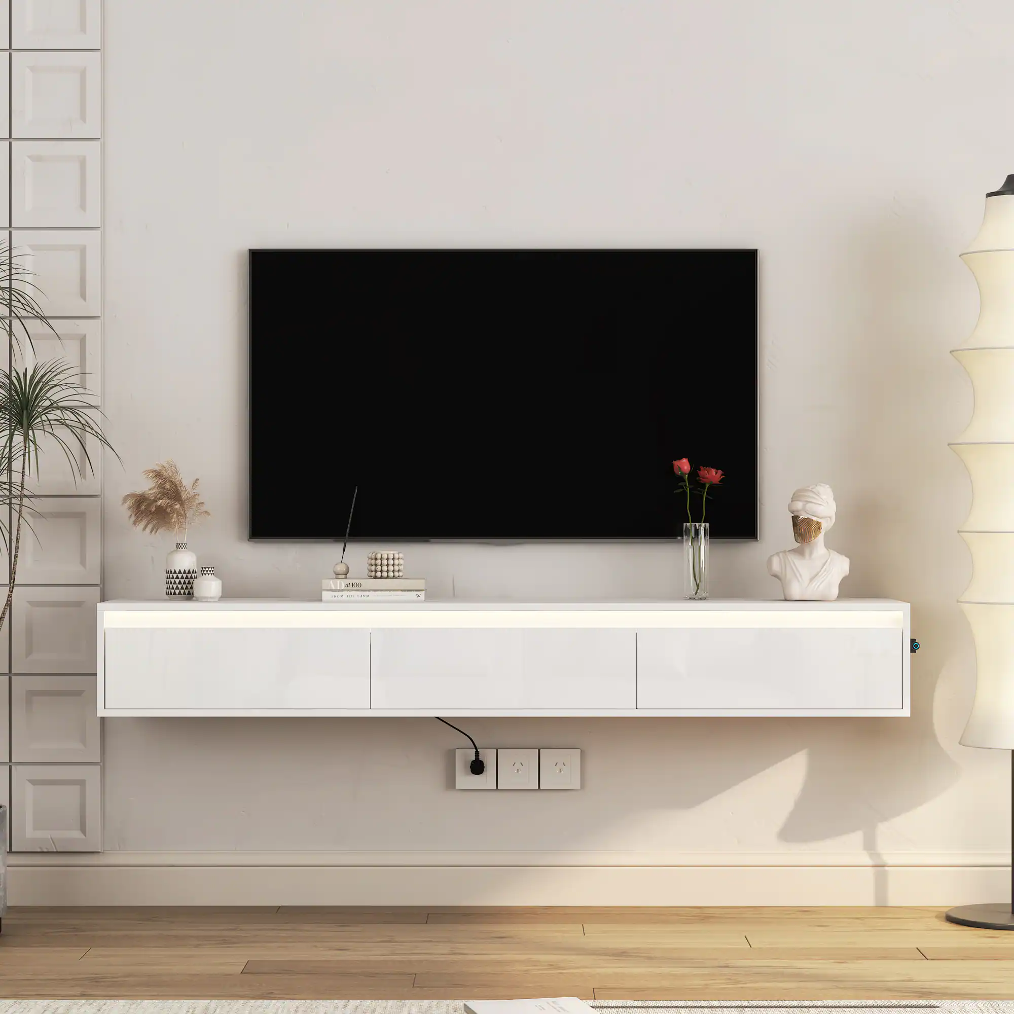 Front. APRILSOUL - Floating TV Stand Wall Mounted TV Shelf with Led Lights and Power Outlet High Gloss TV Cabinet for TV Stands - White.
