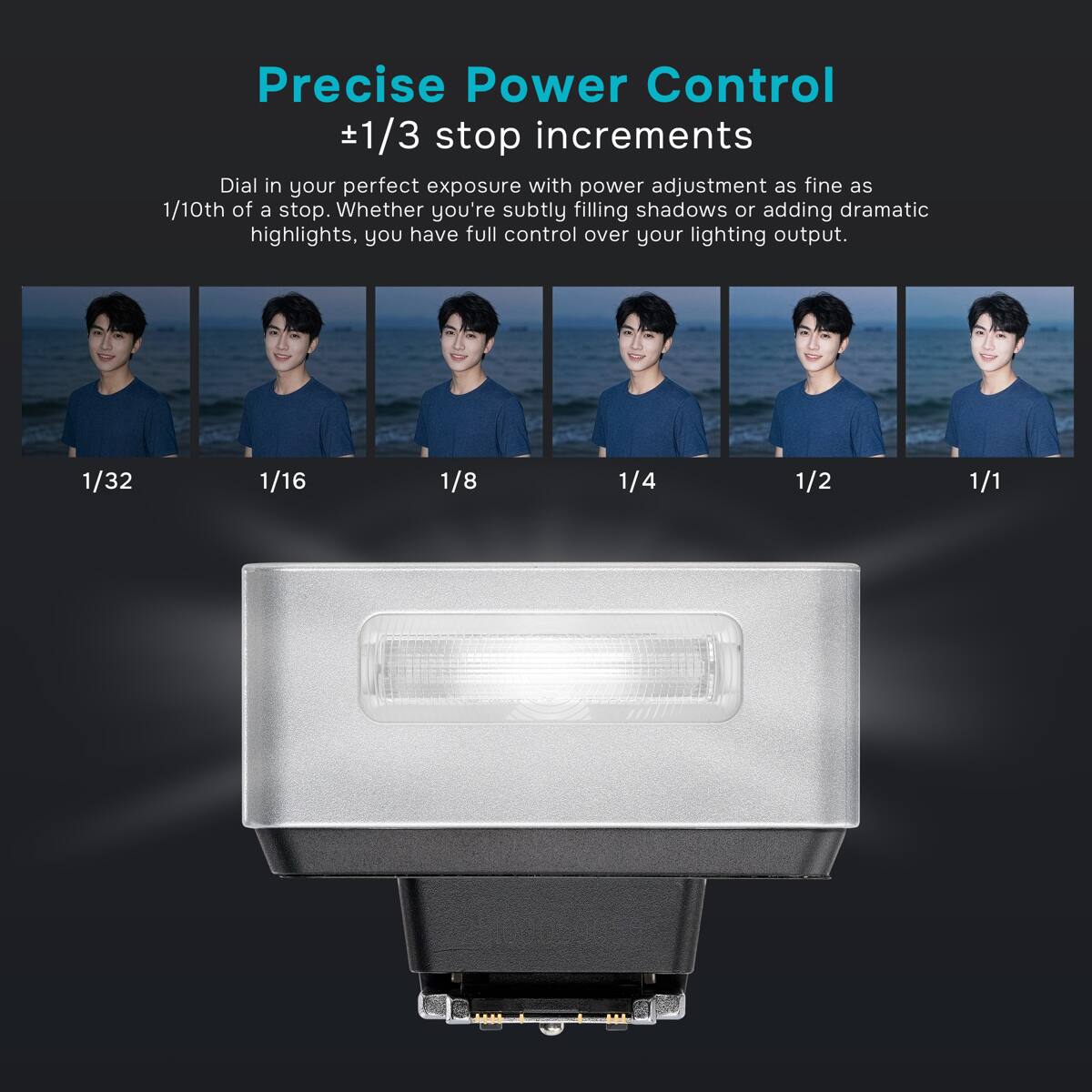 Precise Power Control #1/3 stop increments  
Dial in your perfect exposure with power adjustment as fine as 1/10th of a stop. Whether you're subtly filling shadows or adding dramatic highlights, you have full control over your lighting output.

1/32  
1/16  
1/8  
1/4  
1/2  
1/1